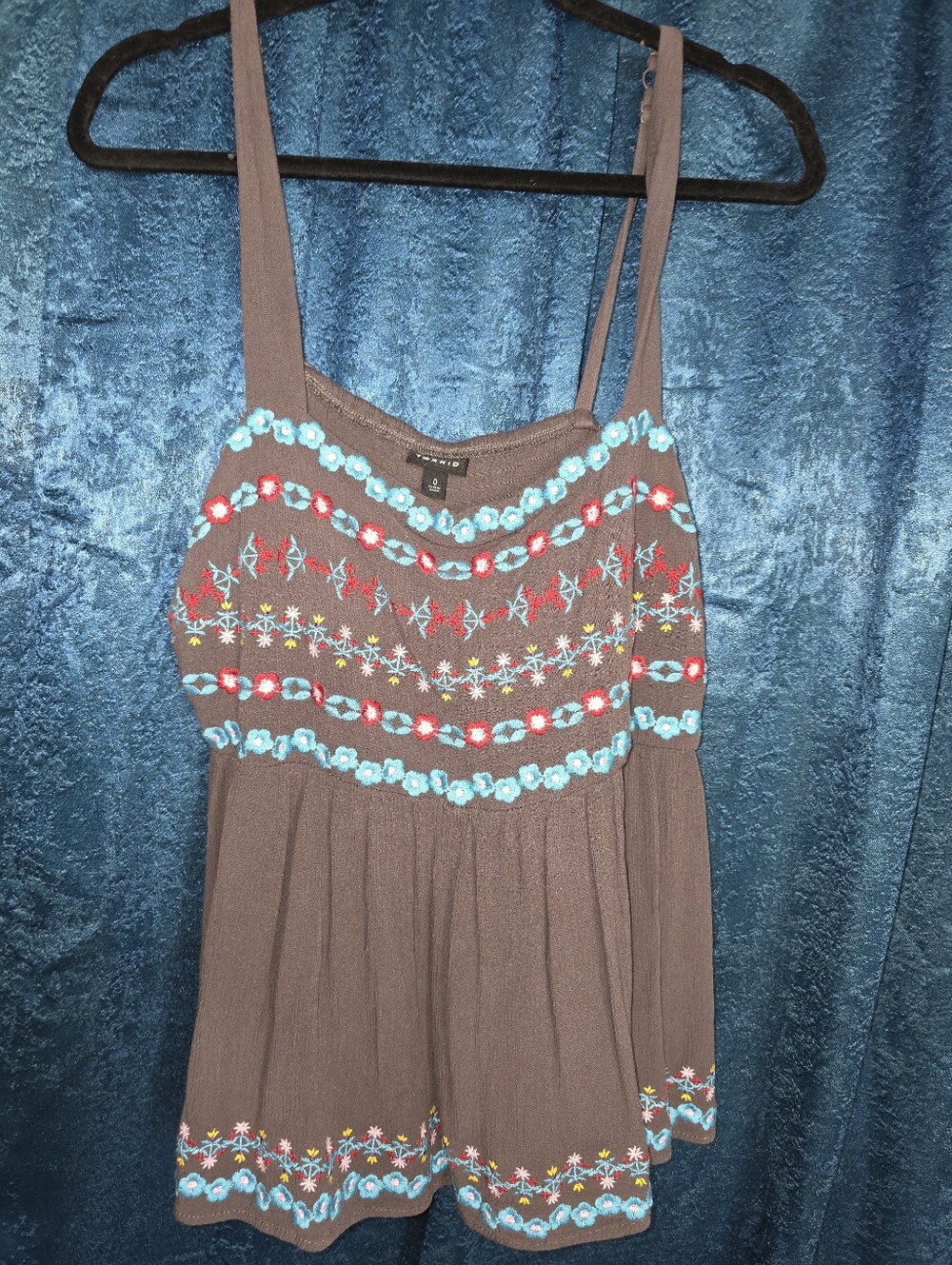 Gray Embroidered Tank Top with Turquoise & Red Floral Detail